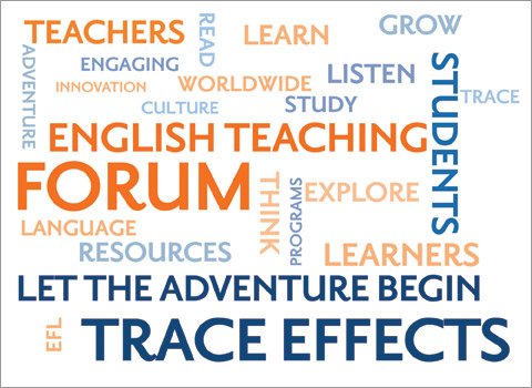Wordle banner with text: Teachers, Engaging, Learn, Read, English Teaching Forum, Students, Listen, Let the Adventure Begin, Trace Effects, Resources